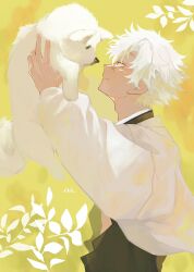  1boy animal black_jacket closed_mouth commentary_request demon_slayer_uniform dog high_collar highres holding holding_animal holding_dog jacket kimetsu_no_yaiba looking_at_animal male_focus nim0no_kbut open_clothes open_jacket scar scar_on_face shinazugawa_sanemi short_hair smile solo spiky_hair violet_eyes white_dog white_hair yellow_background 