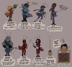  6+boys absurdres ant ant_farm belt black_boots black_gloves blu_scout_(tf2) blu_soldier_(tf2) blu_spy_(tf2) bodysuit bogmonsterisle boots bug commentary cosplay demoman_(tf2) dog_tags engineer_(tf2) engineer_(tf2)_(cosplay) english_commentary english_text formal_clothes gloves goggles hat heavy_(tf2) helmet highres latex latex_bodysuit medic_(tf2) multiple_boys necktie pyro_(tf2) pyro_(tf2)_(cosplay) red_bodysuit red_demoman_(tf2) red_engineer_(tf2) red_pyro_(tf2) red_shirt scout_(tf2) scout_(tf2)_(cosplay) shirt short_hair simple_background single_glove sniper_(tf2) sniper_(tf2)_(cosplay) soldier_(tf2) soldier_(tf2)_(cosplay) spider spy_(tf2) spy_(tf2)_(cosplay) team_fortress_2 thigh_boots 