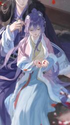  1boy 1girl bad_source beizi_(clothing) black_hair blue_eyes braid chinese_clothes dress flower hair_flower hair_ornament hanfu highres holding jiaoling_ruqun long_hair long_sleeves original petals purple_hair sitting snow xingfudexie_tongkudeshige 
