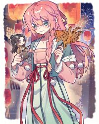  1boy 1girl aerial_fireworks aqua_eyes beizi_(clothing) black_eyes black_hair blush braid chibi chinese_clothes chinese_food fireworks food green_eyes hanfu highres holding lantern long_hair long_sleeves looking_at_viewer night non-web_source original pink_hair smile tanghua yiyang_yuli 