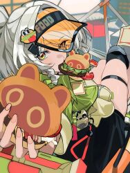  1girl anby_demara burger eating food_in_mouth hamburger looking_at_viewer pov short_hair zenless_zone_zero 