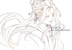  1boy bishounen chinese_clothes closed_eyes closed_mouth commentary_request earrings english_text eyelashes facial_mark floating_hair flower forehead_mark hair_flower hair_ornament hanfu huadian jewelry long_hair male_focus monochrome official_alternate_hairstyle pale_color ponytail sidelocks simple_background smile solo spot_color tassel tassel_hair_ornament tianguan_cifu twitter_username upper_body watermark white_background xie_lian xie_lian_(flower_crowned_martial_god) ykmr_(haga) 