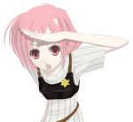  bad_id badge mikipuruun_no_naegi pink_eyes pink_hair salute short_hair striped 