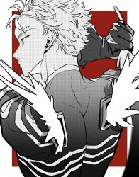  1boy arm_up back boku_no_hero_academia border commentary_request forked_eyebrows gloves greyscale_with_colored_background hawks_(boku_no_hero_academia) highres holding looking_to_the_side male_focus mkyn29 outside_border shirt short_hair sideways_glance solo upper_body wings 