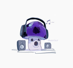  artist_name black_eyes commentary film_grain from_below grey_background halftone headphones hightguy listening_to_music looking_at_viewer mushroom musical_note no_humans plants_vs._zombies puff-shroom_(plants_vs._zombies) shadow simple_background solid_oval_eyes solo speaker symbol-only_commentary 