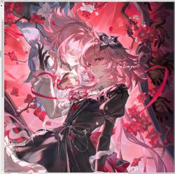  2girls asymmetrical_sleeves branch closed_eyes dress evernight_(honkai:_star_rail) floating_hair flower gem gloves hair_flower hair_ornament hairclip hands_clasped highres honkai:_star_rail honkai_(series) juliet_sleeves looking_at_viewer march_7th_(honkai:_star_rail) march_7th_(preservation)_(honkai:_star_rail) mirror mismatched_sleeves multiple_girls own_hands_together parallel_hairclips partially_fingerless_gloves pink_background pink_hair red_background red_eyes red_gemstone red_ribbon ribbon smile smusmuye 