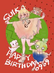 1girl age_difference aged_down aged_up birthday blonde_hair cactus character_name child cloak commentary_request dated dog dr._stone e=mc2_(equation) food fruit full_body hair_between_eyes happy_birthday highres loli multiple_girls ninomae_gin open_mouth orange_eyes outstretched_arms personification pig poncho red_background rope rope_around_neck short_hair signature smile spread_arms suika_(dr.stone) torn_clothes watermelon white_rope 