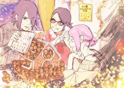  1boy 2girls aburame_shino akimichi_chouchou akimichi_chouji black_eyes black_hair boruto:_naruto_next_generations bra_strap closed_eyes commentary_request family father_and_daughter gingerbread_house gingerbread_man glasses grey_sweater grin hair_over_one_eye haruno_sakura highres holding holding_pastry_bag husband_and_wife hyuuga_hanabi hyuuga_hinata inuzuka_kiba izuno_wasabi kakei_sumire kaminarimon_denki kawaki_(boruto) kurogane_tsubaki metal_lee mitsuki_(naruto) mother_and_daughter multiple_girls nara_shikadai nara_shikamaru naruto_(series) o_hqfu off-shoulder_sweater off_shoulder pastry_bag pink_hair ponytail red-framed_eyewear red_sweater sai_(naruto) sarutobi_konohamaru sarutobi_mirai short_ponytail smile suzumeno_namida sweatdrop sweater temari_(naruto) tenten_(naruto) translation_request uchiha_sarada uchiha_sasuke uzumaki_boruto uzumaki_himawari uzumaki_naruto yamanaka_ino yamanaka_inojin yellow_sweater yuino_iwabee 