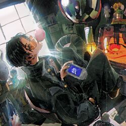 1boy backlighting black_jacket black_pants blowing_bubble_gum bulma chainsaw_man character_request chewing_gum copyright_request doraemon doraemon_(character) dragon_ball earrings electric_fan figure flcl frieren hand_in_pocket handheld_game_console highres holding holding_handheld_game_console indoors jacket jewelry jojidoboro light_rays male_focus monitor orange-tinted_eyewear otaku_room oyasumi_punpun pants red_eyes reflection ringed_eyes samejima_mamimi scar scar_on_face sideways_glance solo_focus sousou_no_frieren sticker tinted_eyewear traffic_mirror window yoru_(chainsaw_man) 