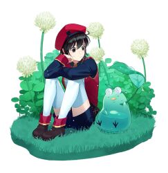  1girl ahoge badge belt beret bird black_eyes black_hair black_shirt black_shorts black_sleeves breasts brown_belt brown_shoes buttons closed_mouth clover clover_(flower) coke-bottle_glasses collared_shirt eyelashes eyewear_on_head flower frown full_body glass glasses gold_buttons grass green_bird hair_between_eyes hand_on_own_cheek hand_on_own_face hat holding holding_leaf ispin_charles jacket large_belt leaf leaf_jellyppi light_particles long_sleeves looking_at_another loose_belt medium_breasts military_hat military_jacket military_uniform multicolored_jacket nexon plain_epaulettes poison_jellyppi poison_leaf_jellyppi red_hat red_jacket round_eyewear second-party_source shirt shoes short_hair shorts simple_background sitting sleeve_cuffs sleeveless sleeveless_jacket slime_(creature) sweatdrop tales_weaver thigh-highs transparent_background two-tone_jacket undershirt water white_flower white_jacket white_thighhighs wing_collar yellow_trim zb_cell331 