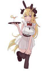  1girl absurdres animal_ears bare_arms black_thighhighs blonde_hair blush bow bowtie breasts cocktail_glass cropped_legs cup dress drinking_glass fake_animal_ears food fruit hair_ornament hair_ribbon hairclip hashtag-only_commentary highres holding holding_tray hololive horns large_breasts long_hair looking_at_viewer mendako_(wjkgreat) orange_(fruit) orange_slice red_bow red_bowtie ribbon sheep_ears sheep_girl sheep_horns simple_background smile solo standing standing_on_one_leg thigh-highs tray tsunomaki_watame tsunomaki_watame_(watame_night_fever!!) violet_eyes virtual_youtuber white_background white_dress 