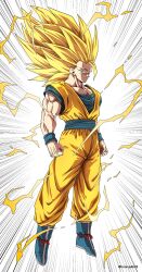  1boy absurdres alternate_hairstyle blonde_hair blue_boots blue_pants blue_shirt boots clenched_hands commentary_request cosplay dougi dragon_ball dragon_ball_daima dragon_ball_z electricity full_body green_eyes highres horang4628 korean_commentary long_hair motion_lines muscular muscular_male no_eyebrows orange_pants orange_shirt pants shirt solo son_goku speed_lines spiky_hair super_saiyan super_saiyan_3 vegeta vegeta_(cosplay) 