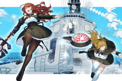  2girls ahoge artist_name assault_lily black_ribbon black_shoes black_skirt blue_eyes blue_sky blurry breasts brown_hair brown_pantyhose buttons closed_mouth clouds commentary_request commission cropped_jacket day depth_of_field destroyer detached_sleeves firing floating_hair foot_out_of_frame frilled_sleeves frills hair_between_eyes hair_ribbon heterochromia high-waist_skirt holding holding_shield holding_sword holding_weapon horizon js_kirishima_(ddg-174) juliet_sleeves kaede_johan_nouvel kuo_shenlin large_breasts leaning_forward leg_up letterboxed loafers long_sleeves looking_ahead medium_breasts military_vehicle multiple_girls neck_ribbon ocean one_side_up open_mouth outdoors outside_border pantyhose phalanx_ciws puffy_sleeves red_eyes ribbon saho_(ho_kiho) school_uniform shield ship shirt shoes short_sleeves sidelocks skeb_commission skirt sky smile standing standing_on_one_leg sword teeth thigh-highs thigh_strap upper_teeth_only warship watercraft wavy_hair weapon white_shirt white_thighhighs yellow_eyes yurigaoka_girls_academy_school_uniform 