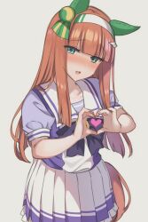  1girl animal_ears bow brown_hair collarbone green_eyes hairband heart heart_hands highres horse_ears horse_girl horse_tail long_hair looking_at_viewer parted_lips pleated_skirt puffy_short_sleeves puffy_sleeves purple_bow purple_shirt school_uniform shirt short_sleeves silence_suzuka_(umamusume) skirt smile solo tail tracen_school_uniform uma_dacchi_ex umamusume very_long_hair white_background white_hairband white_skirt 