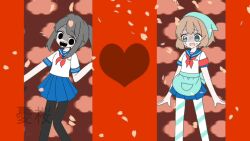  2girls amai_odayaka apron ayano_aishi blush brown_hair commentary_request drill_hair green_eyes long_hair mesmerizer_(vocaloid) multiple_girls open_mouth pantyhose parody school_uniform serafuku shirt short_hair smile yandere_simulator yuu_sakura_urara 