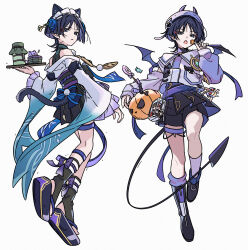  2boys alternate_costume animal_ears animal_print aqua_gemstone arm_at_side asymmetrical_footwear bare_shoulders belt beret black_belt black_bodysuit black_boots black_bow black_sandals black_shirt black_shorts black_skirt black_socks blue_sleeves blunt_ends bodysuit boots bottle bow breast_pocket candy cat_boy cat_ears cat_print cat_tail character_doll clothing_cutout collar colored_inner_hair contemporary crossdressing crossdressing_(mtf) cup demon_tail demon_wings detached_sleeves doll dual_persona enmaided eyeliner eyeshadow feathers fingernails food frilled_sleeves frills full_body furisode gem genshin_impact gold gradient_sleeves hair_ornament hakama hakama_skirt half-skirt hand_up hat highres hip_vent holding holding_candy holding_food holding_lollipop holding_pumpkin holding_tray japanese_clothes kimono lollipop long_sleeves looking_at_viewer looking_back maid maid_headdress makeup male_maid mini_durin_(dragon)_(genshin_impact) mini_durin_(genshin_impact) multicolored_hair multiple_boys munya_(pic) niwa_(genshin_impact) obi off_shoulder okobo open_mouth parted_lips platform_sandals pocket pom_pom_(clothes) pumpkin purple_belt purple_hair purple_hat purple_rope purple_sash purple_shirt purple_sleeves purple_socks purple_tail purple_wings red_eyeliner red_eyeshadow rope sandals sash scaramouche_(cat)_(genshin_impact) scaramouche_(genshin_impact) shirt shorts shorts_under_skirt skirt socks stirrup_footwear swirl_lollipop tail thigh_strap toes traditional_youkai tray tsurime undershirt violet_eyes wa_maid wanderer_(genshin_impact) white_background white_collar white_kimono white_mouth wide_sleeves wings wispy_bangs yellow_feathers 