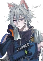  1boy absurdres animal_ears artist_name cat_boy cat_ears cat_tail commentary_request gloves hair_between_eyes highres jacket male_focus police police_badge police_uniform policeman revision scar scar_on_arm seth_lowell short_hair sidelocks simple_background smile solo stellaspei tail white_hair zenless_zone_zero 
