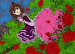  brown_hair flower petals rain rose umbrella umineko_no_naku_koro_ni ushiromiya_maria 