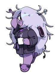  1girl amethyst_(steven_universe) animal_slippers chest_jewel coffee_mug colored_skin cup discount-supervillain gem gem_(steven_universe) hair_brush hair_over_one_eye highres holding holding_cup long_hair messy_hair mug plump purple_gemstone purple_skin robe slippers solo steven_universe thick_lips toothbrush toothpaste walking 