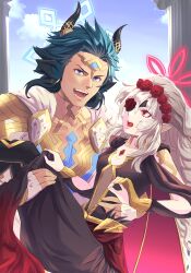  1boy 1girl animal_ears askr_(fire_emblem) bat_ears bat_girl black_dress blue_eyes blue_hair blue_halo breasts bridal_veil brooch choker commentary cow_boy cow_horns dark-skinned_male dark_skin dress embla_(closed-off_bride)_(fire_emblem) embla_(fire_emblem) eyepatch fire_emblem fire_emblem_heroes flower flower_eyepatch gold_trim hair_flower hair_ornament halo highres holding horns jewelry lace-trimmed_eyepatch long_hair looking_at_another mature_female mature_male official_alternate_costume red_eyes red_flower red_halo red_rose riou_(pooh920) rose small_breasts smile surprised veil white_hair 