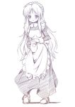  apron asahina_mikuru blush long_hair maid maid_headdress monochrome pigeon-toed pikazo sketch smile solo suzumiya_haruhi_no_yuuutsu tareme teapot 