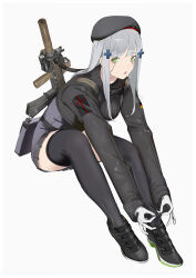  1girl :o absurdres assault_rifle beret black_hat black_shoes black_skirt commentary_request cross_hair_ornament full_body german_flag girls_frontline gloves green_eyes grey_hair gun gun_sling h&amp;k_hk416 hair_ornament hat highres hk416_(girls'_frontline) long_hair open_mouth pleated_skirt rifle shoes simple_background skirt solo suppressor sutekina_awa tattoo teardrop_facial_mark teardrop_tattoo weapon white_background white_gloves 