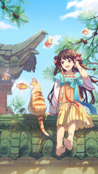  1girl :d absurdres animal architecture barefoot blue_sky bow braid brown_hair cat chinese_clothes clouds cloudy_sky day dress east_asian_architecture feet fish flower full_body goldfish hair_flower hair_ornament hanfu highres kesayee long_hair long_sleeves open_mouth original outdoors pine_tree pinecone plant qixiong_ruqun red_eyes ribbon shuangyaji sitting sky smile soles solo toes tree 