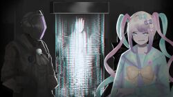  1boy 1girl aqua_eyes aqua_hair aqua_sailor_collar aqua_shirt ascot black_ascot bondrewd bow bowtie chadaliceii chouzetsusaikawa_tenshi-chan double_helix hand_up highres library_of_ruina luda_(project_moon) made_in_abyss multicolored_hair nai_ga_(style) needy_girl_overdose parted_lips pink_hair project_moon quad_tails sailor_collar shirt smile upper_body yellow_bow yellow_bowtie 