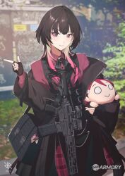  1girl artist_logo artist_self-insert bag black_gloves black_hair black_jacket black_ribbon blonde_hair character_doll collared_shirt commentary doll english_commentary fingerless_gloves gloves gradient_hair gun highres hiroki_ree holding holding_doll jacket logo looking_at_viewer love_live! love_live!_sunshine!! multicolored_hair neck_ribbon nesoberi off_shoulder original outdoors pink_hair plaid_clothes plaid_skirt red_shirt red_skirt ribbon rifle sakurauchi_riko shirt short_hair shoulder_bag skirt smile solo violet_eyes weapon weapon_request 