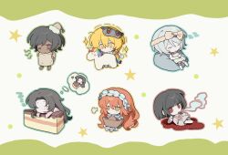  6+girls black_hair blonde_hair bob_cut cake closed_eyes closed_mouth commentary don_quixote_(project_moon) dreaming eye_mask faust_(project_moon) food green_eyes hat highres ishmael_(project_moon) limbus_company lmojn3 long_hair mask mini_person minigirl multiple_girls nightcap nightgown orange_hair outis_(project_moon) pajamas pillow project_moon rodion_(project_moon) ryoshu_(project_moon) short_hair sidelocks sleepwear symbol-only_commentary unicorn vergilius_(project_moon) very_long_hair white_hair yellow_eyes 