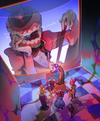  1other 3boys 3girls absurdres animal_ears asymmetrical_footwear black_hat blue_dress blue_shoes bow bowtie caine_(the_amazing_digital_circus) cane chess_piece commentary dress english_commentary english_text fur-trimmed_robe fur_trim gabe_(gabeirg) gangle_(the_amazing_digital_circus) gloves hair_bow hand_on_own_chin hat highres holding holding_cane horns jacket jax_(the_amazing_digital_circus) jester_cap jester_costume king_(chess) kinger_(the_amazing_digital_circus) multiple_boys multiple_girls overalls patchwork_clothes pomni_(the_amazing_digital_circus) purple_bow purple_fur purple_robe rabbit_boy rabbit_ears rabbit_tail ragatha_(the_amazing_digital_circus) red_bow red_bowtie red_hair red_jacket red_ribbon red_shoes ribbon robe shirt shoes stuffed_toy suit_jacket tail teeth the_amazing_digital_circus top_hat white_gloves white_mask white_shirt yellow_overalls zooble_(the_amazing_digital_circus) 