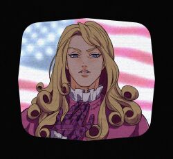  1boy american_flag argyle_clothes argyle_gloves bishounen black_border blonde_hair blue_eyes border collar commentary curly_hair english_commentary funny_valentine gloves highres jojo_no_kimyou_na_bouken long_hair looking_at_viewer male_focus noquelle_art parted_lips pink_collar purple_gloves solo steel_ball_run 