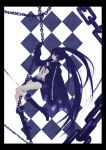 bad_id black_hair black_rock_shooter black_rock_shooter_(character) blue_eyes chain chains hatsune_miku long_hair midriff shorts solo twintails vocaloid 