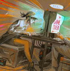  +_+ ... 1girl 1other 789illust absurdres black_hair black_hat black_jacket black_shorts blue_eyes closed_mouth computer computer_keyboard computer_mouse flat_cap food from_side fruit game_over glasses hat hat_ornament highres jacket leaning_forward long_sleeves maque_(xinyue_tongxing) monitor orange_(fruit) playing_games ponytail protected_link round_eyewear screen_light short_hair shorts sitting smile speech_bubble spoken_ellipsis xinyue_tongxing 