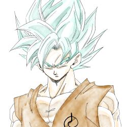  1boy 1rasutotoukou absurdres blue_eyes blue_hair closed_mouth dragon_ball dragon_ball_super dragon_ball_z dragon_ball_z_fukkatsu_no_f highres male_focus medium_hair muscular muscular_male serious simple_background solo son_goku spiky_hair super_saiyan super_saiyan_blue upper_body white_background 