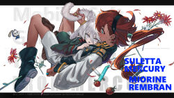  2girls absurdres animal_ears asticassia_school_uniform bandaid bandaid_on_finger bandaid_on_hand black_boots black_hairband black_pantyhose blue_eyes boots cat_ears cat_girl cat_tail character_name ciao_churu commentary_request cool_(gundam_suisei_no_majo) flower green_jacket green_shorts grey_eyes gundam gundam_suisei_no_majo hairband highres jacket kemonomimi_mode letterboxed long_hair miorine_rembran multiple_girls open_mouth pantyhose pet_food ponytail red_flower red_hair school_uniform shorts su_xiao_jei suletta_mercury sweat tail test_tube thick_eyebrows tomato white_jacket white_shorts yuri 