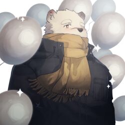  1boy balloon batten_xxxx bear bear_boy black_coat bright_pupils brown_scarf coat covered_mouth hashtag-only_commentary indie_virtual_youtuber jugo_kumagai long_sleeves male_focus polar_bear scarf solo upper_body virtual_youtuber white_background white_pupils 