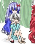  bow chein cheken child couple fujiwara_no_mokou glasses hair_bow hug hug_from_behind japanese_clothes kamishirasawa_keine morichika_rinnosuke sandals shorts silver_hair suspenders touhou young 