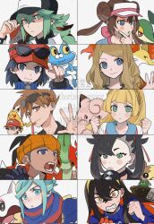  5boys 5girls asymmetrical_bangs baseball_cap black_hair blonde_hair blue_eyes blue_jacket blue_oak bracelet braid brown_hair calem_(pokemon) carmine_(pokemon) cetoddle clefairy clenched_hands clenched_teeth commentary_request delphox double_bun earrings eyelashes eyewear_on_head eyewear_on_headwear flygon froakie gloves green_eyes green_hair grusha_(pokemon) hair_between_eyes hair_bun hair_ribbon hand_on_own_chin hand_up hands_up hat headband highres jacket jewelry lillie_(pokemon) long_hair long_sleeves marnie_(pokemon) momotose_(hzuu_xh4) morpeko morpeko_(full) multiple_boys multiple_girls n_(pokemon) open_mouth orange_headband parted_bangs partially_fingerless_gloves pikachu pokemon pokemon_(creature) pokemon_bw pokemon_bw2 pokemon_sm pokemon_sv pokemon_swsh pokemon_xy raihan_(pokemon) ribbon rosa_(pokemon) scarf serena_(pokemon) shirt short_hair sinistcha snivy striped_clothes striped_scarf stroking_own_chin sunglasses sweat teeth twintails undershirt watermark white_shirt yellow_eyes zoroark 