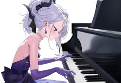  1girl backless_dress backless_outfit bare_back bare_shoulders black_ribbon blue_archive blush bow chichi5809 commentary crescent_print demon_girl demon_horns dress earrings elbow_gloves evening_gown frilled_dress frills gloves grand_piano hair_between_eyes hair_bow hair_ribbon highres hina_(blue_archive) hina_(dress)_(blue_archive) horns instrument jewelry leaning_forward long_hair looking_afar music necklace official_alternate_costume official_alternate_hairstyle parted_lips pearl_necklace pendant pendant_earring piano playing_instrument playing_piano ponytail profile purple_dress purple_gloves ribbon sidelocks simple_background single_earring sitting sleeveless sleeveless_dress solo starry_sky_print strapless strapless_dress upper_body violet_eyes wavy_hair white_hair 