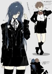  ... 2girls absurdres black_jacket black_shoes black_skirt black_socks blue_hair brown_hair chinese_commentary chinese_text closed_eyes closed_mouth collared_shirt commentary_request cowboy_shot from_behind genderswap genderswap_(mtf) grey_background hair_over_one_eye hand_up highres hug jacket jing_zhi_kaoxiang_yu_re_zhong long_hair long_sleeves looking_at_viewer multiple_girls multiple_views open_clothes open_jacket persona persona_3 school_uniform shiomi_kotone shirt shoes skirt smile socks spoken_ellipsis standing translation_request white_shirt yuuki_makoto_(persona_3) 