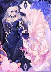  2girls artist_name asymmetrical_gloves bare_shoulders black_choker black_dress black_gloves black_veil blue_eyes blue_flower blue_rose bone bridal_veil bride choker collarbone commentary dress dress_flower dual_persona elbow_gloves empty_eyes expressionless eyelashes eyeshadow fingerless_gloves fingernails flower full_body gloves hair_flower hair_ornament hand_on_own_shoulder hashtag-only_commentary heart highres infinity_nikki jewelry lace lace_gloves lipstick long_dress long_hair long_sidelocks looking_at_viewer makeup multiple_girls multiple_rings nameless_selfless_(infinity_nikki) neck_flower nikki_(series) off-shoulder_dress off_shoulder official_alternate_color one_eye_covered outside_border parted_lips picture_frame pink_dress pink_eyeshadow pink_flower pink_hair pink_lips pink_rose purple_background purple_eyeshadow purple_flower purple_lips purple_rose reean ring ring_on_every_finger rose short_sleeves sidelocks teeth upside-down veil watermark wavy_hair wedding_dress white_gloves white_hair white_veil yellow_flower yellow_rose 