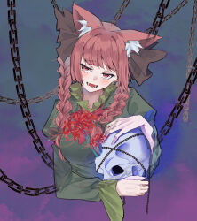  1girl animal_ear_fluff animal_ears blue_background blush braid cat_ears cat_girl chain commentary flower gradient_background highres holding holding_skull kaenbyou_rin kanaria_(bcomn) long_hair looking_at_viewer open_mouth purple_background red_eyes red_flower red_hair side_braids skull solo spider_lily touhou twin_braids upper_body variant_set 