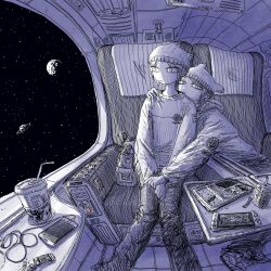  2girls absurdres arm_around_shoulder bag beanie cellphone charging_device commentary_request cup disposable_coffee_cup disposable_cup drinking_straw ear_piercing earrings food greyscale handheld_game_console hat hatching_(texture) highres hood hood_down hug jewelry juice_carton long_sleeves looking_outside monochrome multiple_girls original pants phone piercing planet ryaw science_fiction short_hair sitting smartphone space spacecraft_interior spot_color star_(sky) tray yuri 