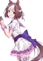  2girls animal_ears black_gloves blush bow braid brown_hair commentary_request ear_bow ear_ribbon gloves half_up_braid holding_hands horse_ears horse_girl horse_tail jacket long_hair looking_at_viewer multicolored_hair multiple_girls open_mouth purple_bow ribbon shirt short_hair short_sleeves silence_suzuka_(umamusume) simple_background skirt smile solo_focus special_week_(special_dreamer)_(umamusume) special_week_(umamusume) tail thigh-highs two-tone_hair umamusume violet_eyes white_background white_hair white_jacket white_skirt white_thighhighs yumesato_makura 