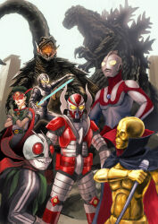 1girl 2others 4boys antennae armor belt beret bishoujo_kamen_poitrine black_cape building cape chest_jewel claws collared_cape colored_skin commentary day denjin_zaborger denjin_zaborger_(mecha) earrings energy_sword fangs feathers fighting_stance gamera gamera_(series) gavan giant giant_monster gloves glowing glowing_eyes glowing_mouth godzilla godzilla_(series) gold_skin green_gloves green_hat hat holding holding_scepter holding_sword holding_weapon holstered horns jewelry joints kaiju kamen_rider kamen_rider_(1st_series) kamen_rider_1 looking_at_viewer mask mecha metal_hero multiple_boys multiple_others no_pupils nyoruniru open_mouth ougon_bat ougon_bat_(character) outdoors poitrine red_cape red_eyes red_feathers red_lips red_mask red_scarf rider_belt robot robot_joints scarf scepter science_fiction sharp_teeth shell skeleton sky spines standing sword tail teeth tokusatsu uchuu_keiji_gavan ultra_series ultraman ultraman_(1st_series) weapon yellow_eyes