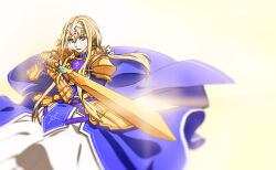  1girl absurdres accelerator1111 alice_zuberg armor blonde_hair blue_dress blue_eyes bow bridal_gauntlets cape dress hair_between_eyes headpiece highres long_hair looking_at_viewer sidelocks solo sword_art_online sword_art_online:_alicization tabard very_long_hair white_bow white_dress 
