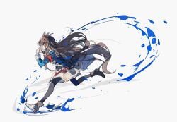  1girl animal_ears apple_da-ze armband blue_dress blue_eyes boots brown_hair closed_mouth dress from_side full_body grass_wonder_(stone-piercing_blue)_(umamusume) grass_wonder_(umamusume) highres horse_ears horse_girl horse_tail long_hair long_sleeves red_armband running simple_background solo tail umamusume white_background white_boots 