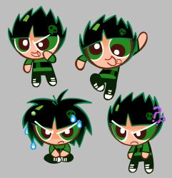  1boy black_hair black_pants black_shoes blunt_bangs butch_(ppg) confused cookie_run cookie_run:_kingdom cookie_run:_ovenbreak cross-eyed frown green_eyes green_shirt grey_background highres long_sleeves looking_at_viewer male_focus multiple_views pants parted_bangs playing powerpuff_girls raised_eyebrow rowdyruff_boys shirt shoes sitting smile sneakers solo spiky_hair standing thatlightbluefox wet wet_hair white_shoes 