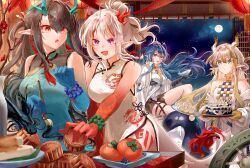  4girls absurdres arknights bitey_(arknights) black_hair china_dress chinese_clothes commentary_request dragon_girl dragon_horns dragon_tail dress dusk_(arknights) dusk_(everything_is_a_miracle)_(arknights) earrings highres holding holding_paintbrush horns jewelry ling_(arknights) looking_at_another multicolored_hair multiple_girls nian_(arknights) nian_(unfettered_freedom)_(arknights) paintbrush pointy_ears red_eyes shu_(arknights) streaked_hair tail tassel tassel_earrings toumyao_neko white_hair 